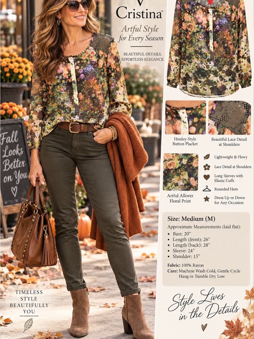 Christina Olive Floral Henley Blouse Size M
